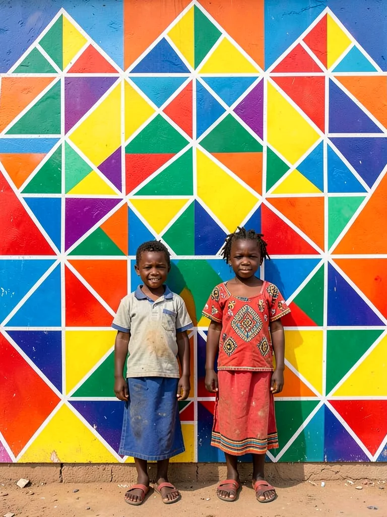 Two children standing in front of a painted homestead wall — wall fills backgrou