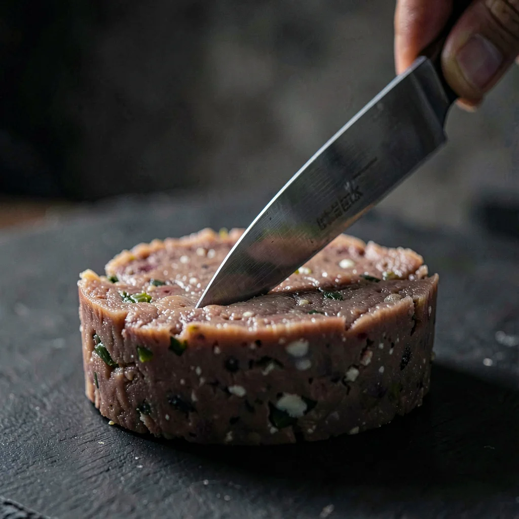 Macro-leaning composition of a knife pulling a thin slice from a terrine, low-ke
