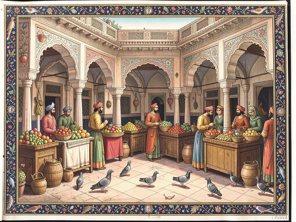 Market courtyard with fruit sellers under arched colonnades, pigeons on the pavi