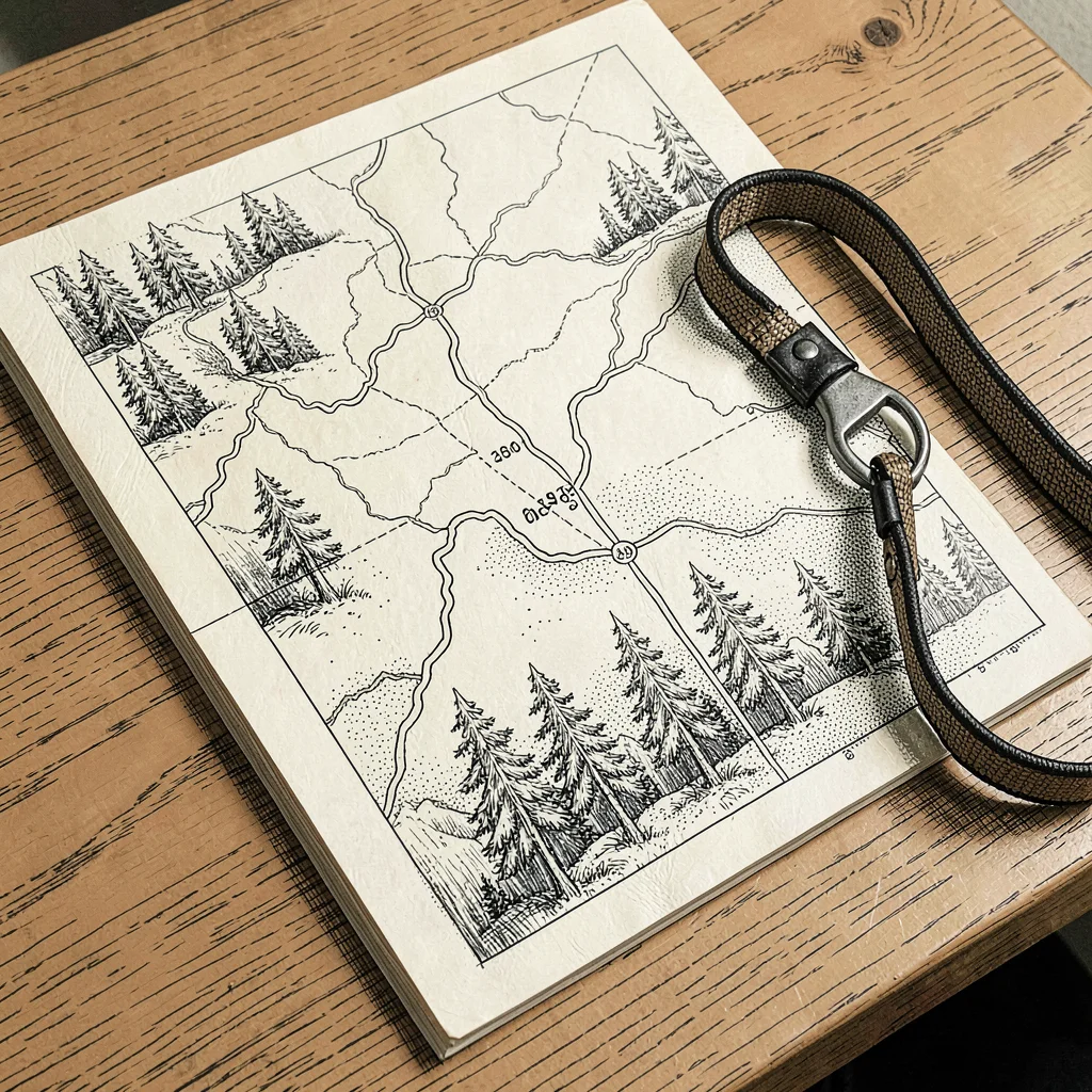 Loose pen-ink scene of a hiking trail map laid on a wooden table beside a leash,