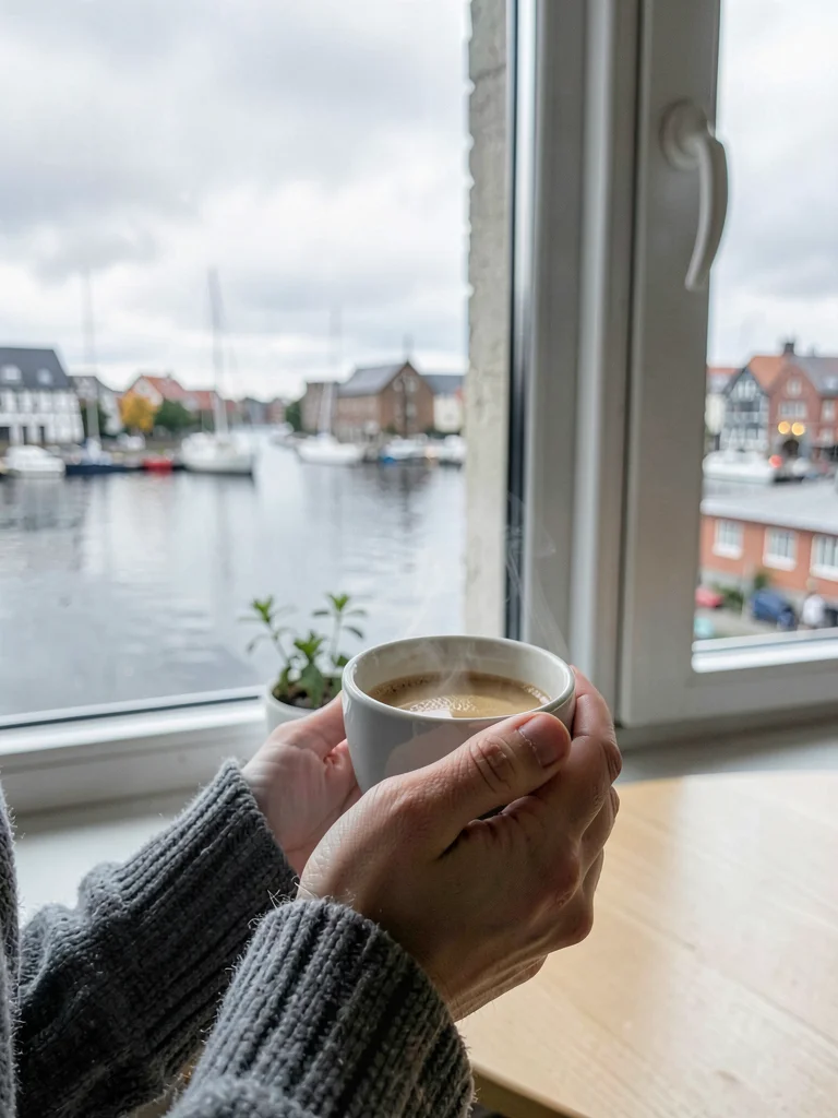 Comfortable grey harbor light in Gothenburg, Sweden, hands cupping a warm cup of