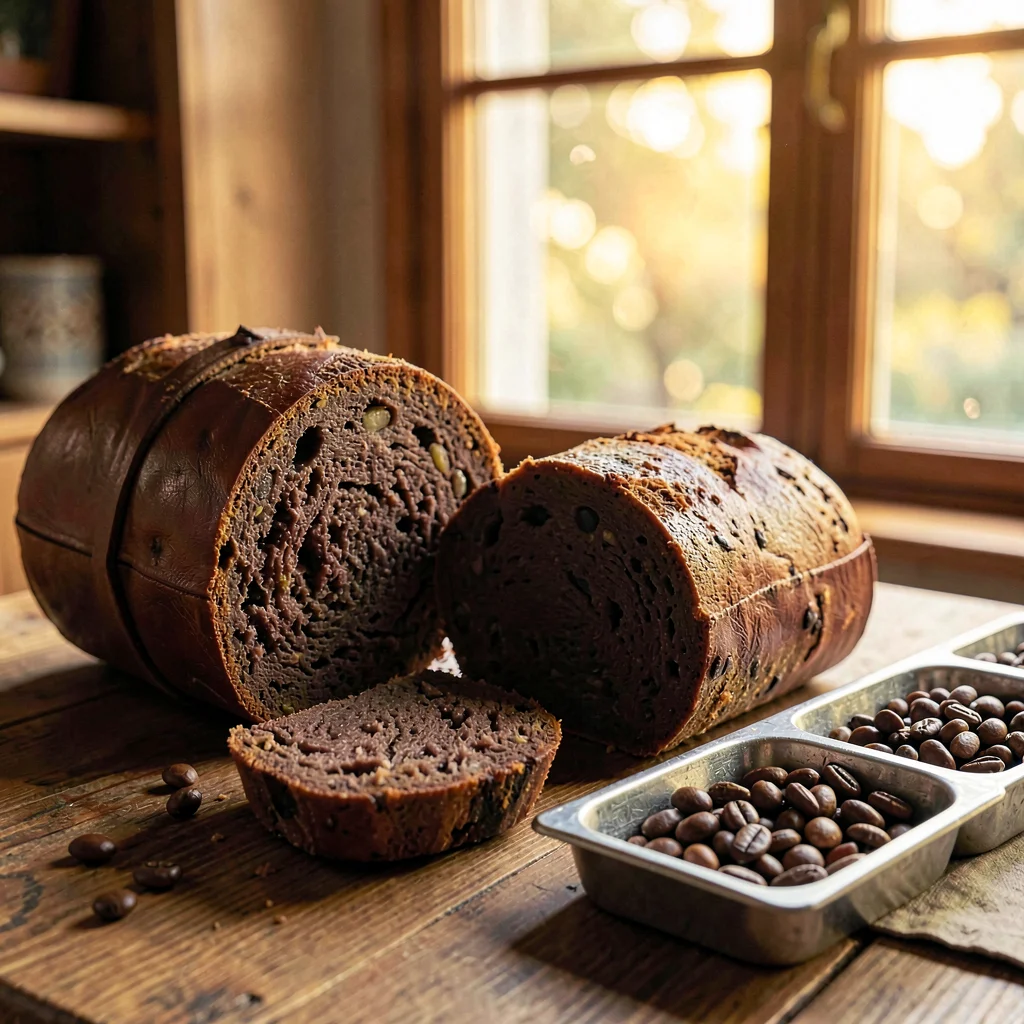 Warm still-life of a leather-bound roast log open beside a sample tray of beans,