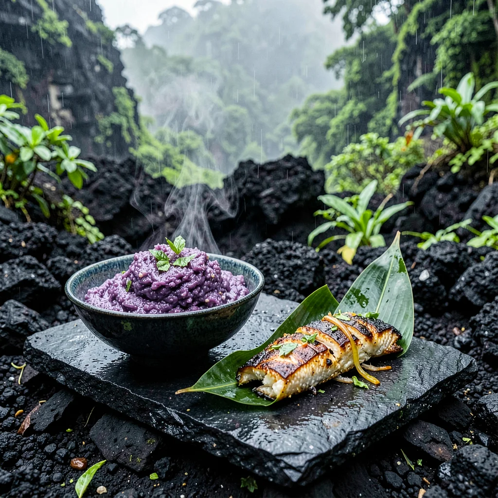 Stark black volcanic surfaces against verdant green, A bowl of purple poi beside