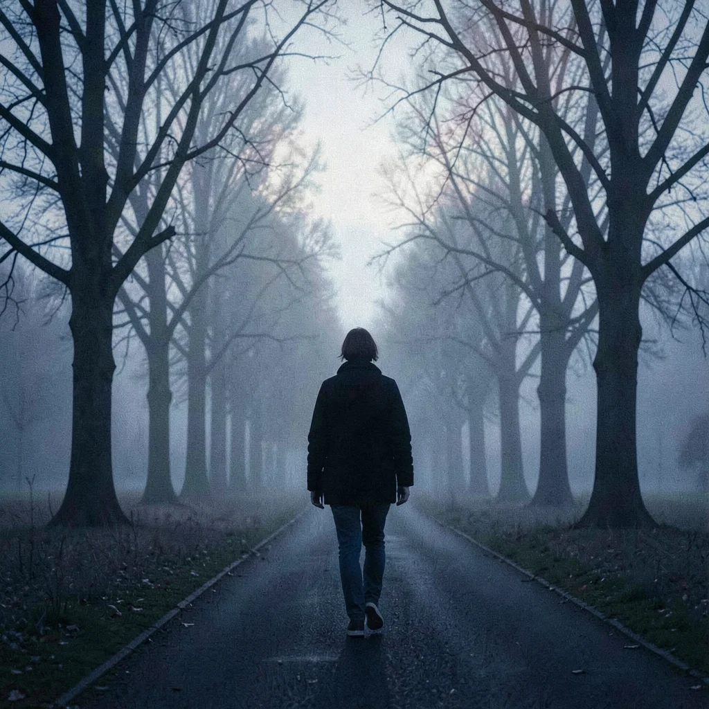 Mood photograph of a slow walk through a misty park at dawn, soft silhouette, de