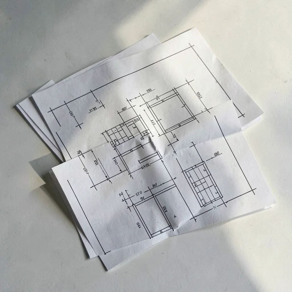 Top-down arrangement of three folded blueprint sheets stacked unevenly, soft aft