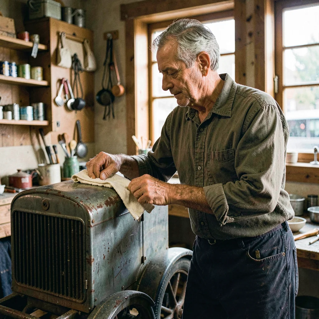 Atmospheric portrait of a shopkeeper polishing a tin truck with a soft cloth