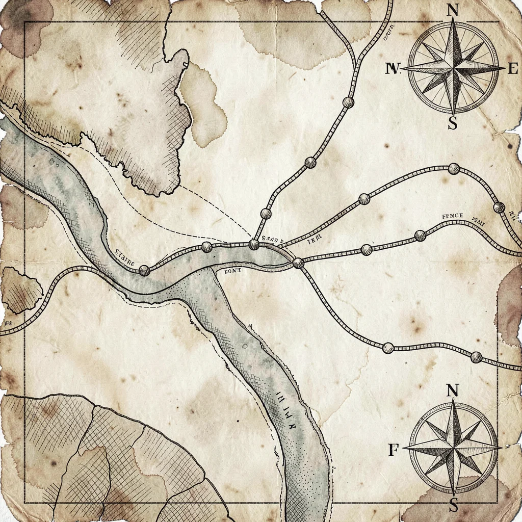 Top-down course map illustration as an aged parchment of the river course with s