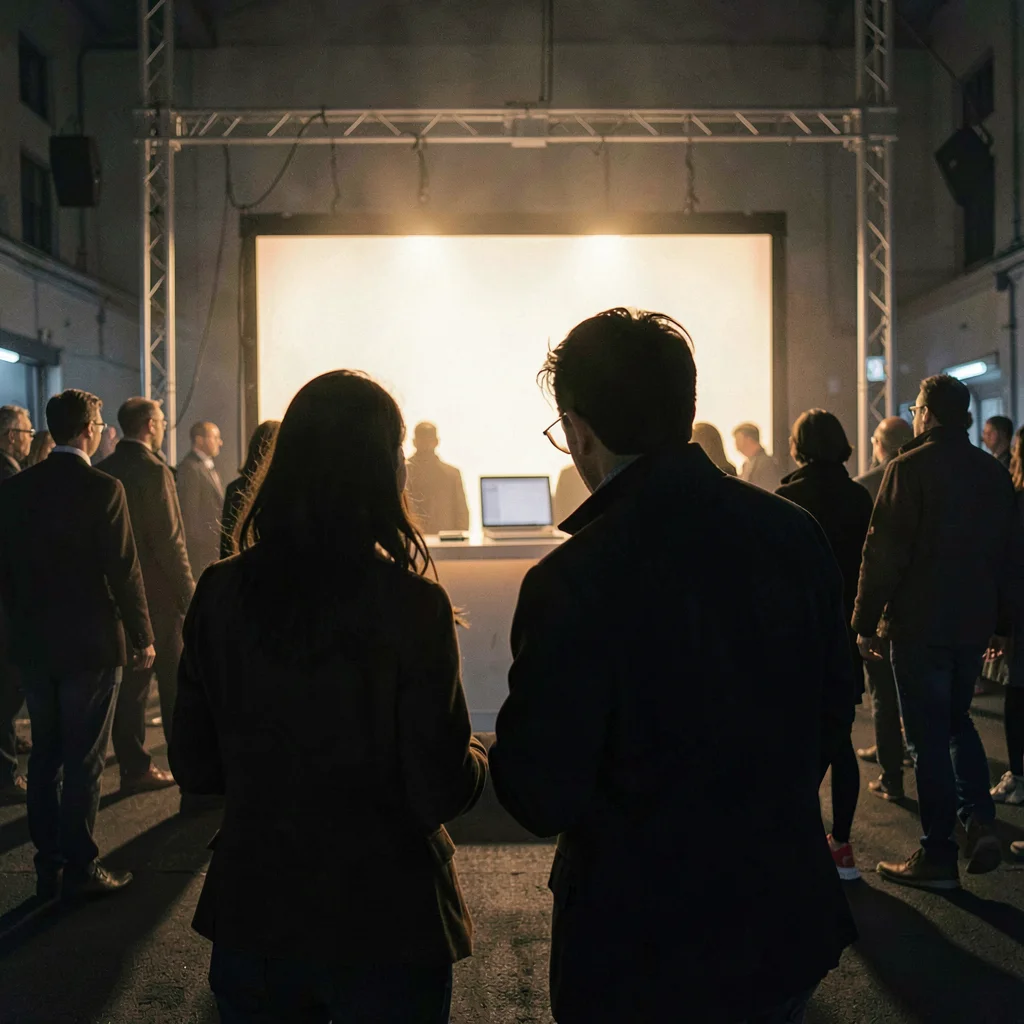 Atmospheric crowd shot from behind two buyers silhouetted before a glowing booth
