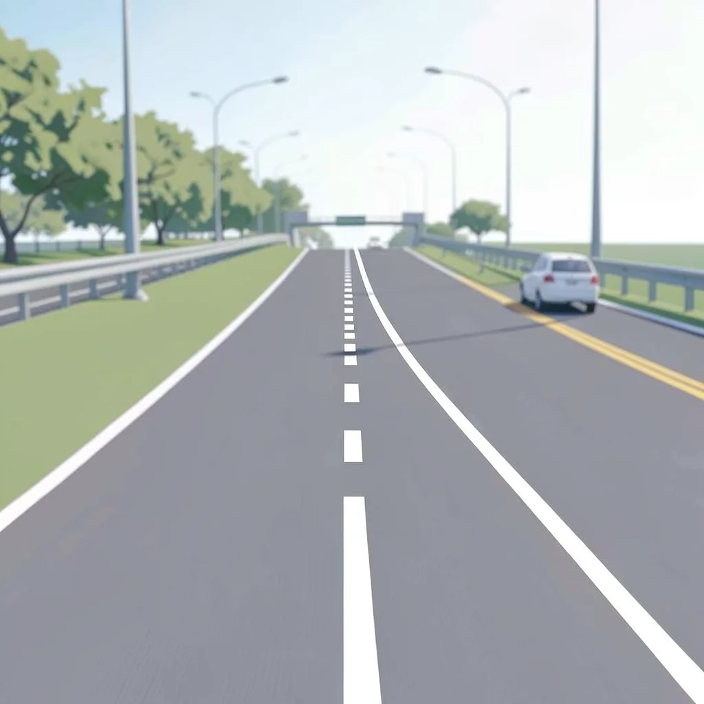 Soft route map of a freeway-merge practice corridor with a dashed entry line