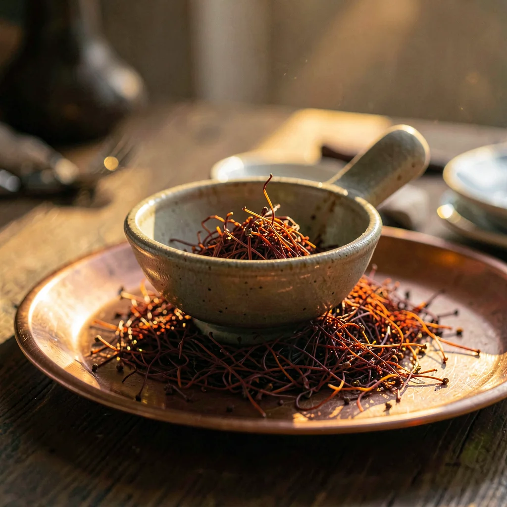 A small ceramic pinch-bowl on a copper tray with a heap of saffron threads, warm