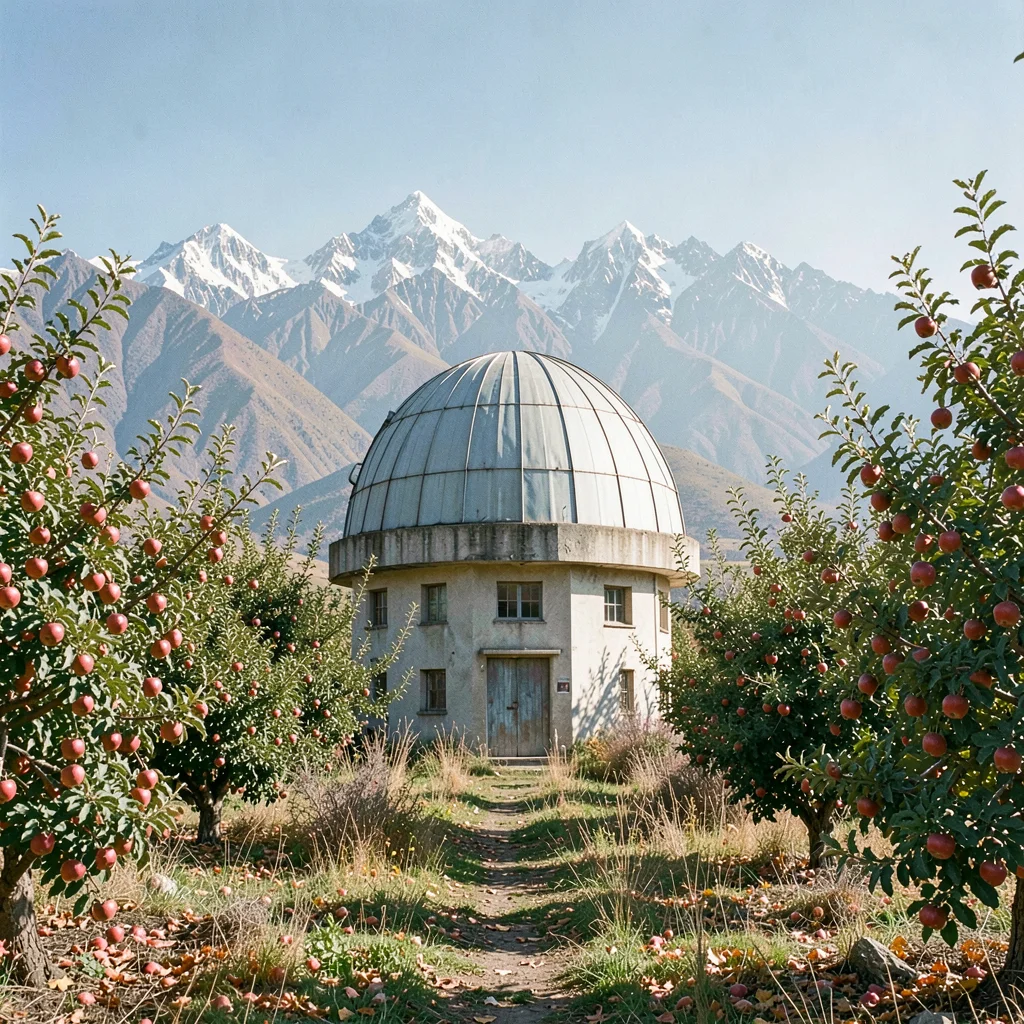 Tian Shan mountains behind Soviet Almaty, abandoned Soviet observatory dome, app