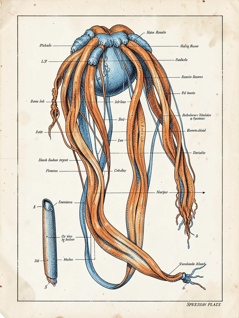 Specimen plate of a siphonophore colony rendered as one impossibly long ribboned