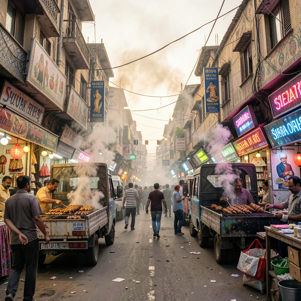 Elaborate decoration surviving dusty Lahore streets, Food street steam rising pa