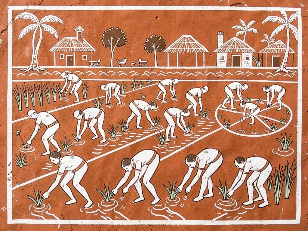 Paddy field planting — row of bent figures inserting seedlings into water-lined 
