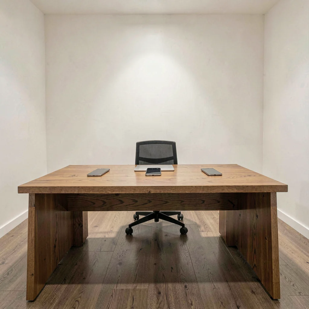 Pristine social-studio with a long oak desk and three smartphones placed face-do