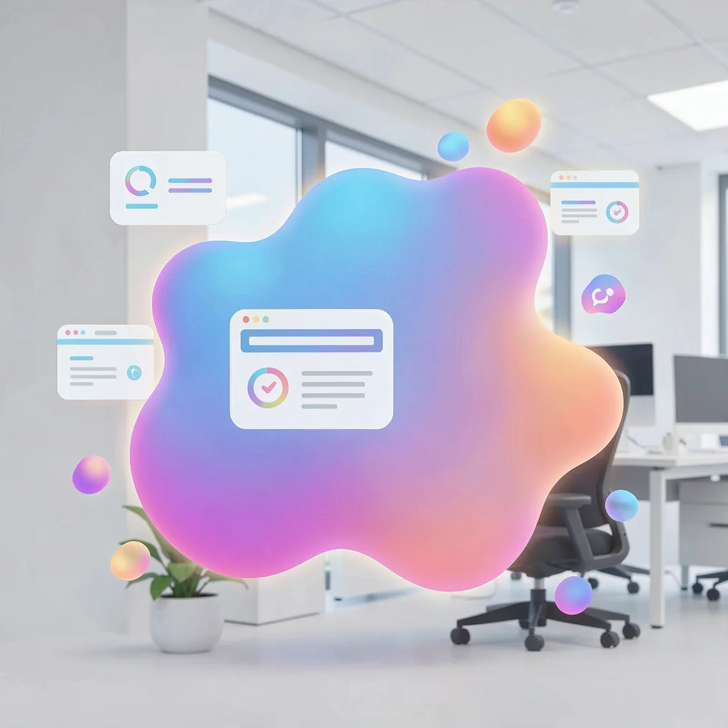 Organic blob gradient illustration, office workspace with floating UI elements ,