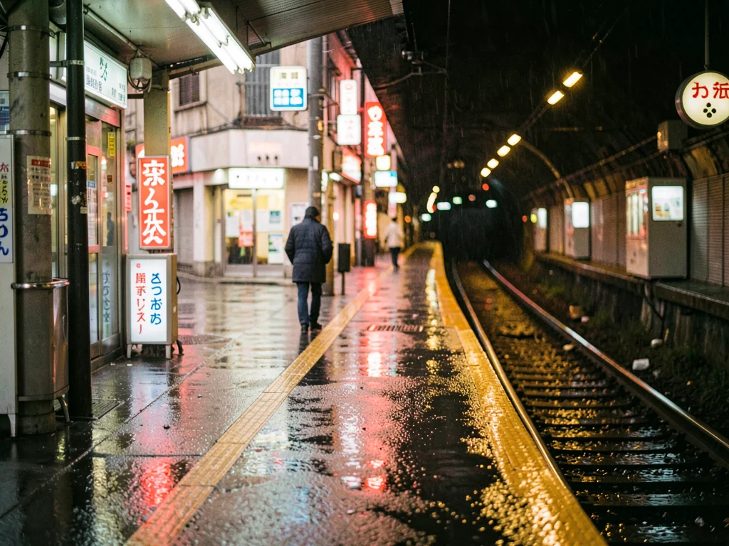 Train platform in rain, single figure at end of platform, tracks disappearing in