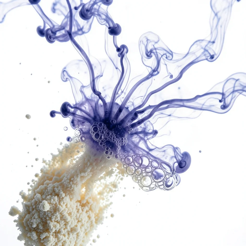 Macro of sourdough starter at peak activity, carbon dioxide bubbles stretching t