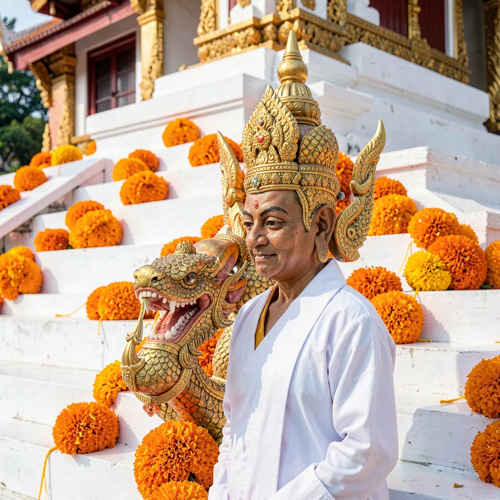 Lanna temple detail, Chiang Mai sacred ornament, orange marigolds arranged as of
