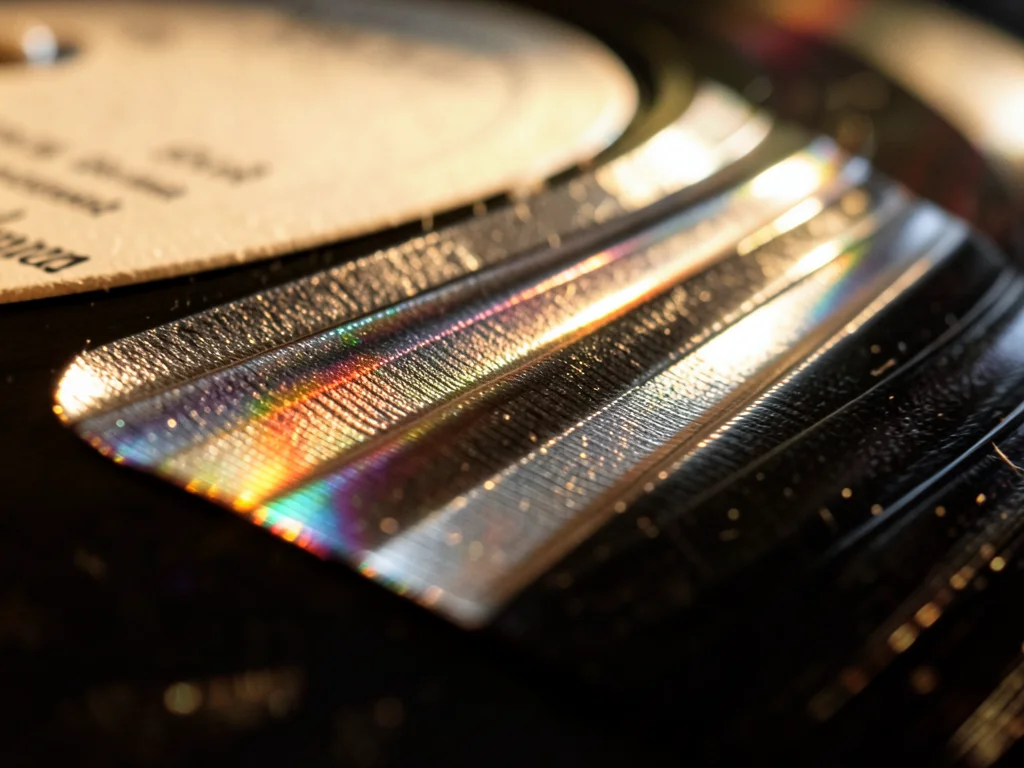 Record label edge where paper meets vinyl, transition from printed text to machi