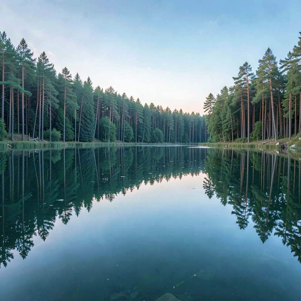 Finnish lake mirror, dead-calm reflection, Pine forest edge doubled in dawn stil