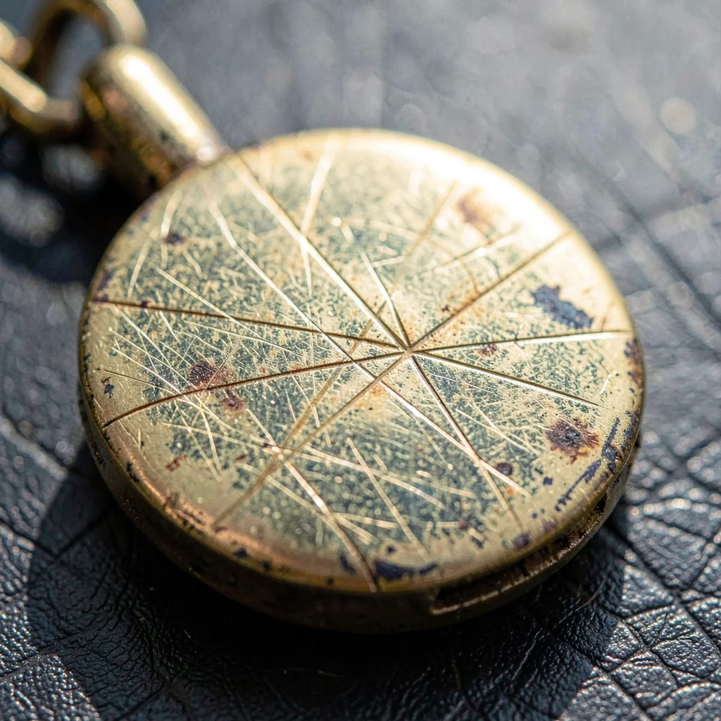 Worn-texture macro of an engraved gold locket with hairline scratches across the