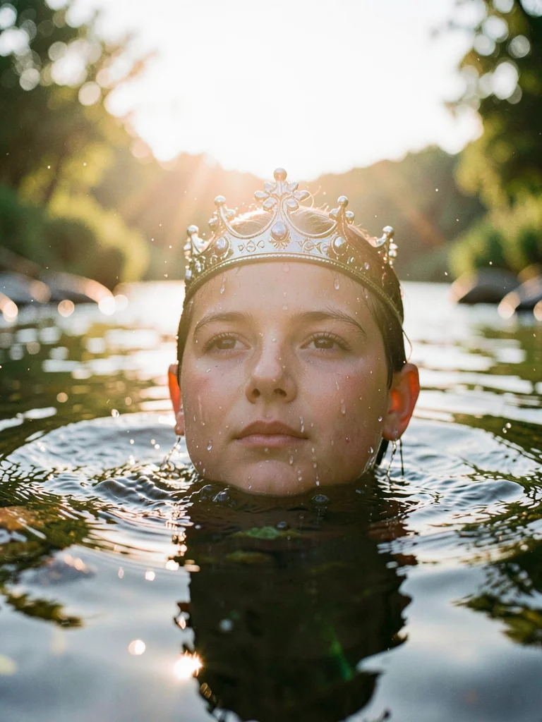 A baptism in a river shot into the sun, water drops on the emerged face catching