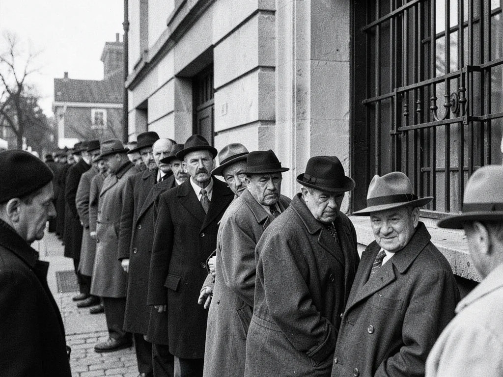Long line of people waiting outside a building, seen from the end of the line, h