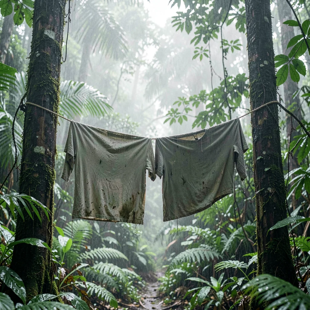 Tropical rainforest photograph, humid jungle atmosphere, Clothes hanging to dry 