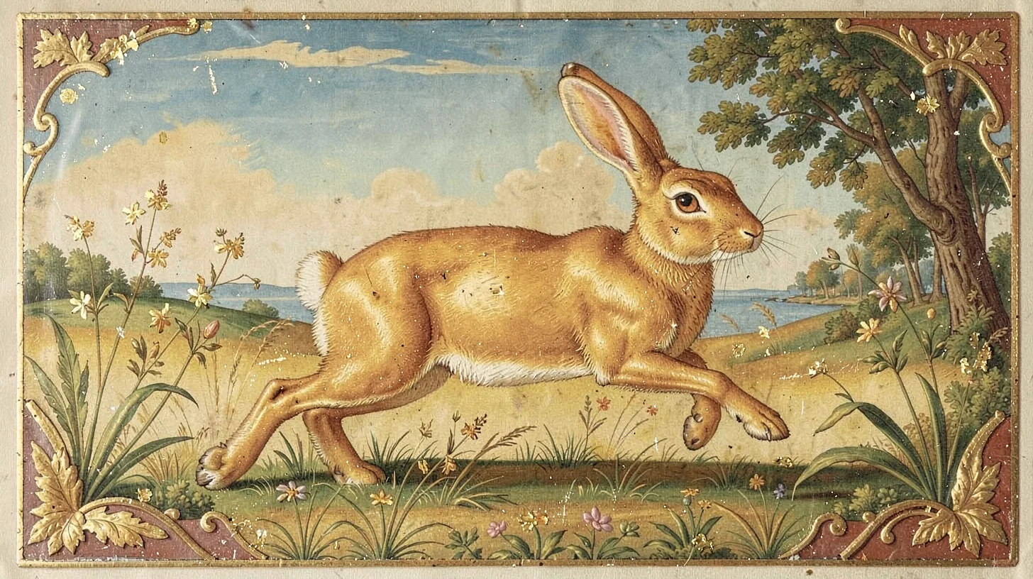 Egg tempera illustration, golden hare running through meadow , yolk-bound pigmen