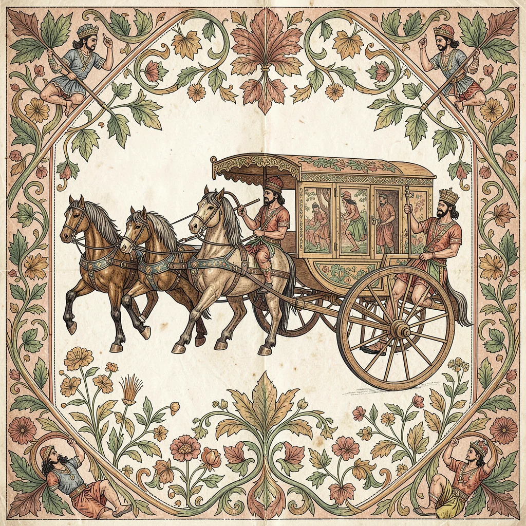 Kalamkari pen illustration, a chariot with horses and warrior figures , hand-dra