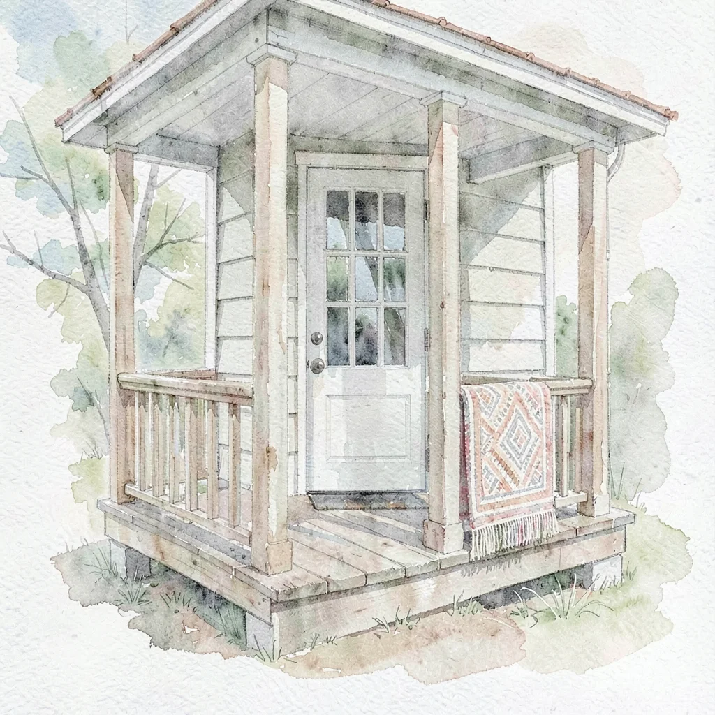 Pale wash of a small farm-mill front porch with a handwoven rug folded over a ra