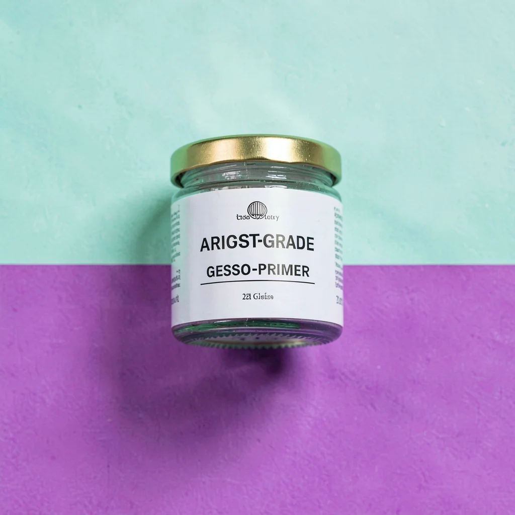 single sealed glass jar of artist-grade gesso-primer with a brass cap top-down o