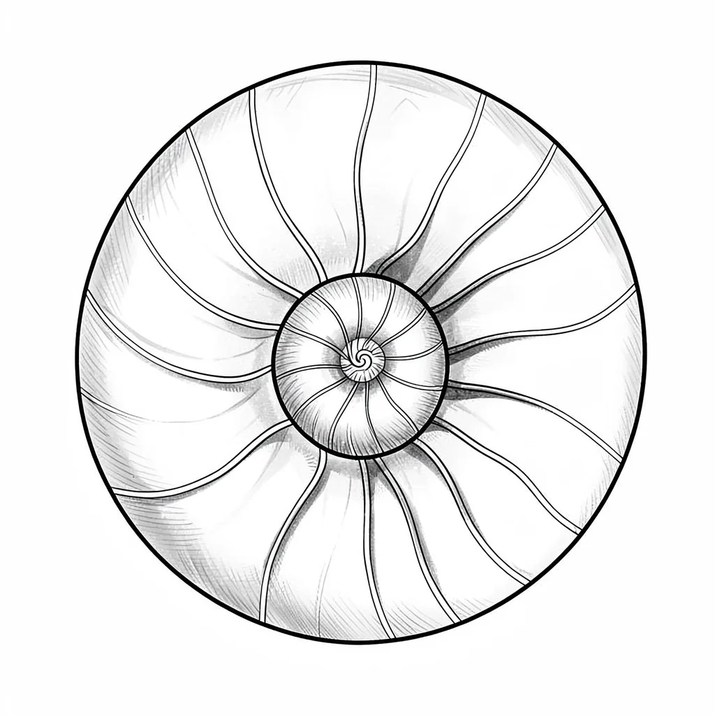Drafted nautilus shell cut along the spiral axis, internal chambers spaced by gr