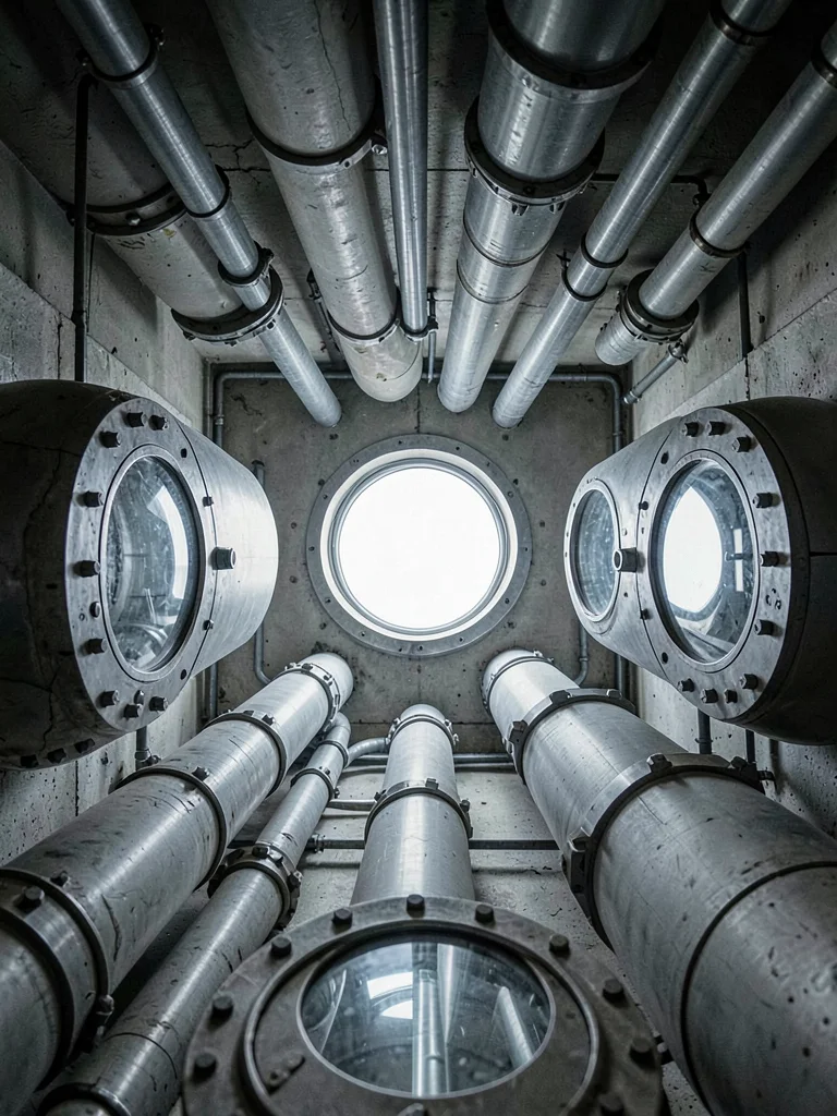 Looking up through an exposed infrastructure shaft — pipes, ducts, and bolt flan