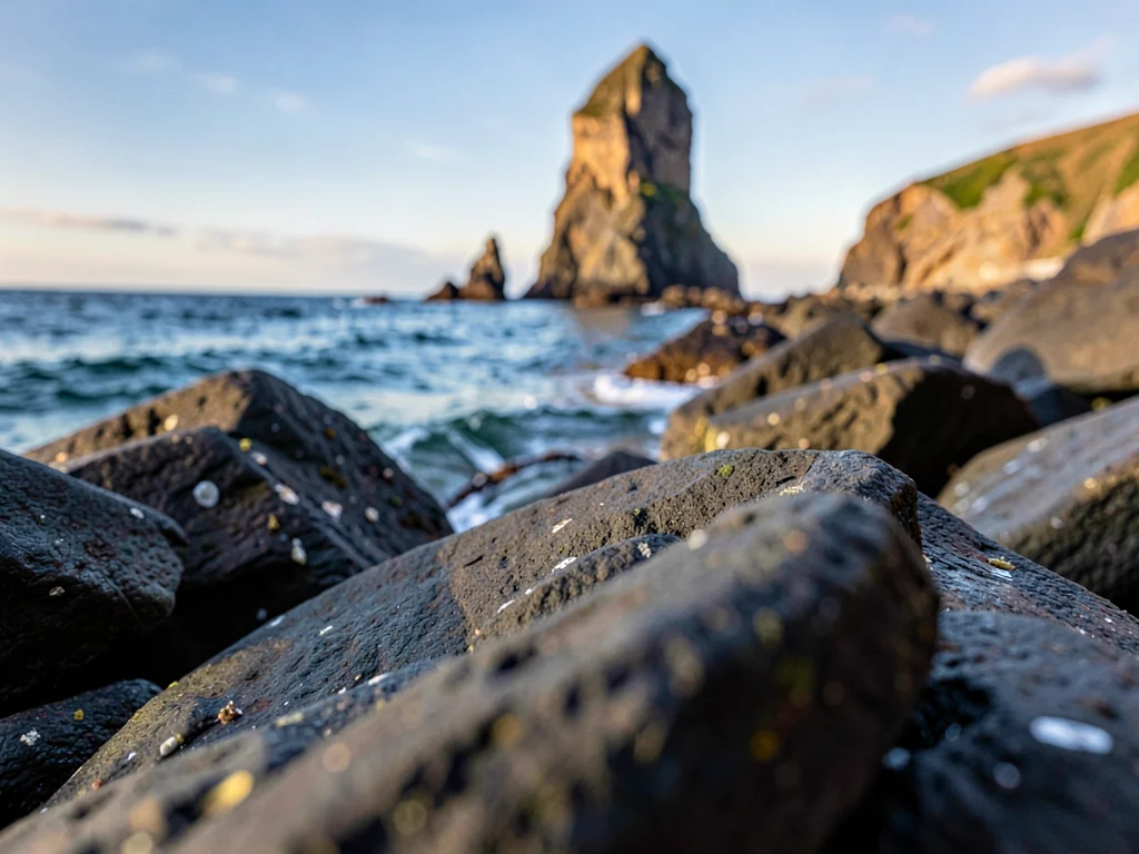 Rocky shore detail to distant sea stack