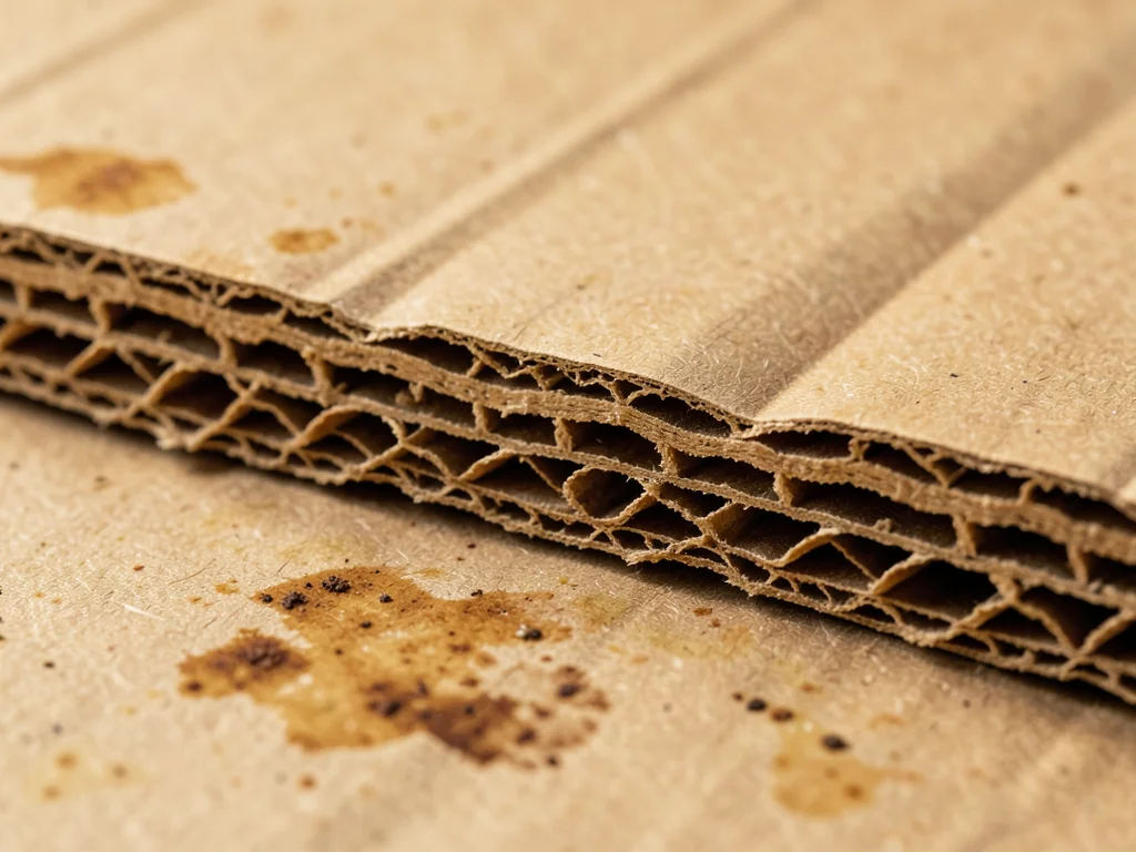 Corrugated cardboard torn edge cross-section, sinusoidal fluting structure visib