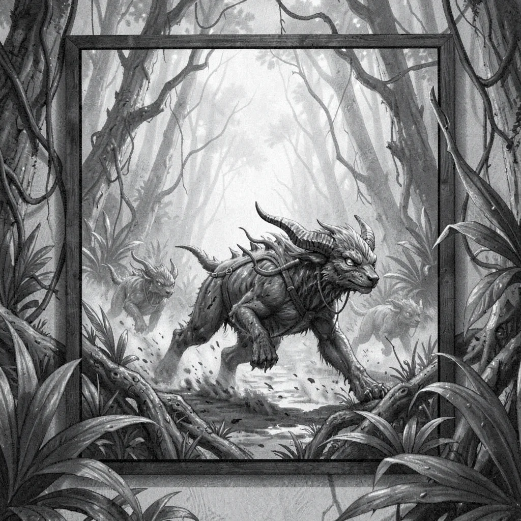 Charcoal previs frame of a creature pack chasing through an alien jungle, motion