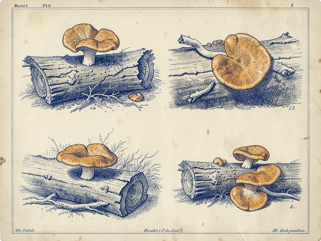 Bracket fungi study showing three specimens on the same fallen log seen from bel