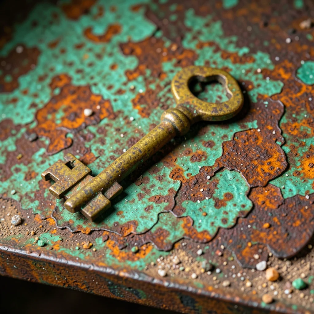 Brass skeleton key with age patina, sitting on dusty shelf