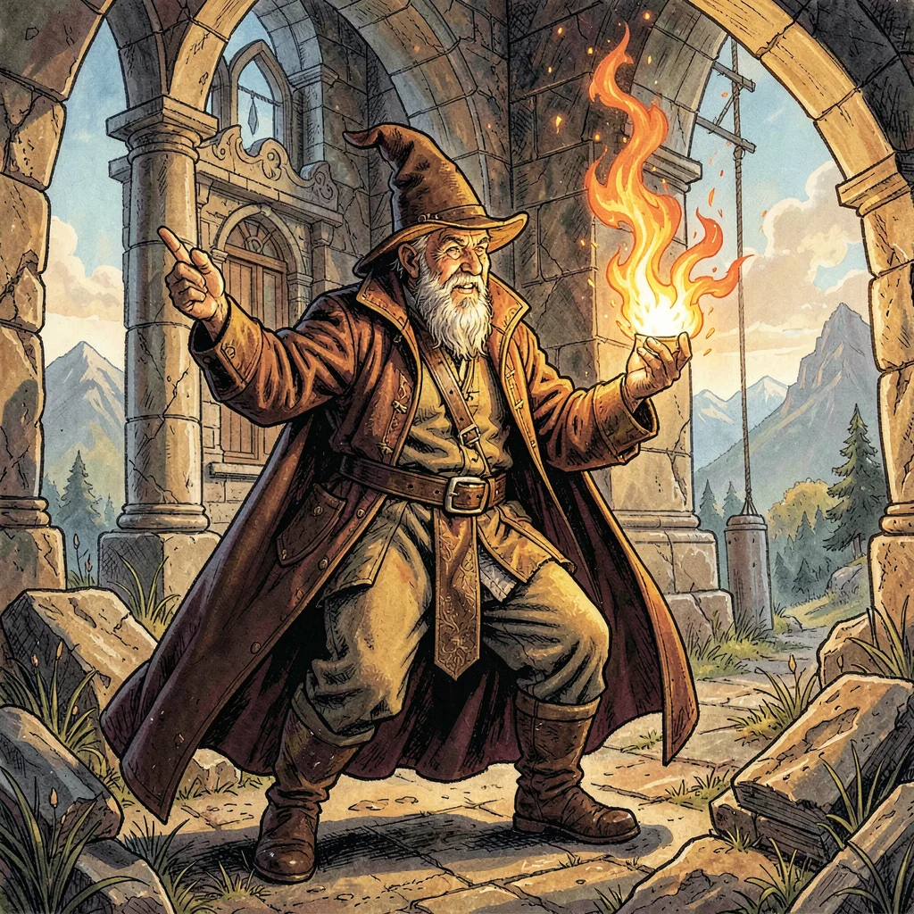 A wizard conjuring flame in tower