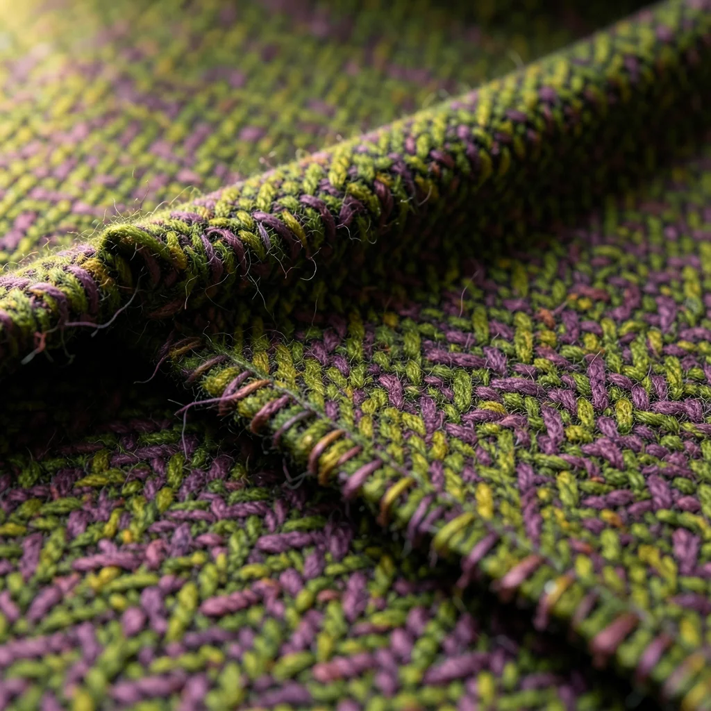 Donegal tweed fabric flat lay, herringbone weave in mossy green and heather purp