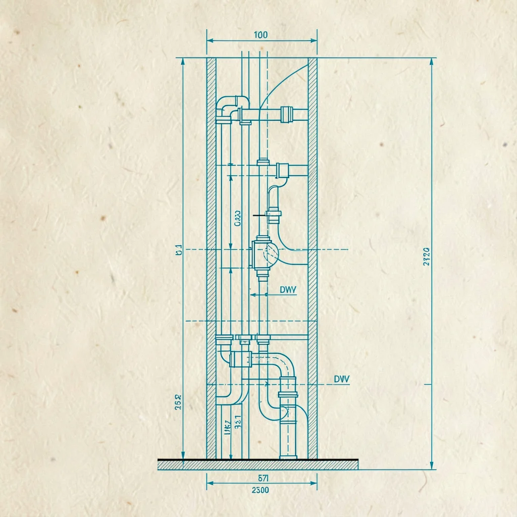Blueprint-style elevation of a residential plumbing riser with hot, cold and DWV