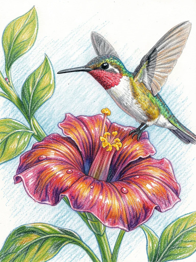 Hummingbird hovering near trumpet flower