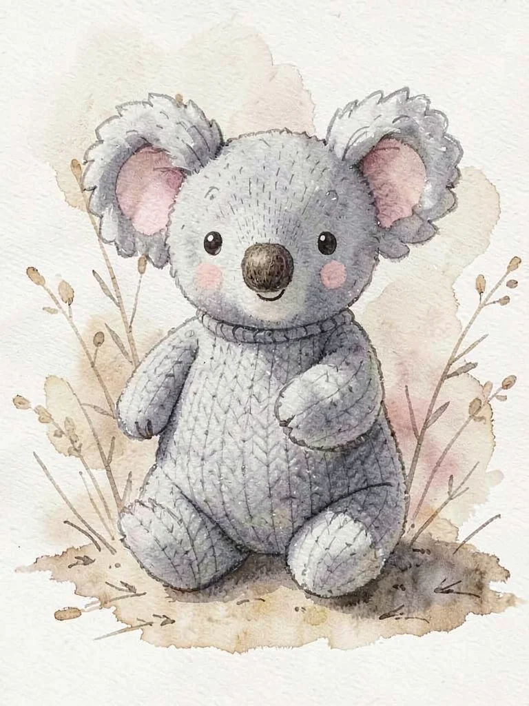 Little heather-grey knit koala clinging upright with thick mohair ears and a tin