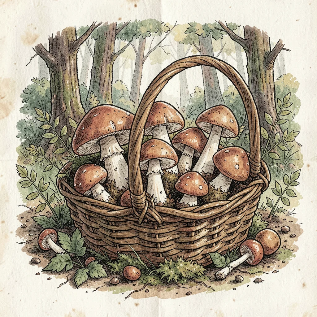 Artisan food packaging illustration, Wild mushrooms in forest floor basket , far