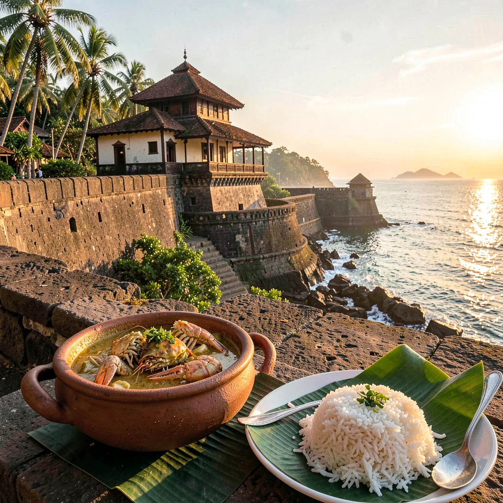 Galle fort golden hour, Dutch colonial tropical, Fresh crab curry served in clay