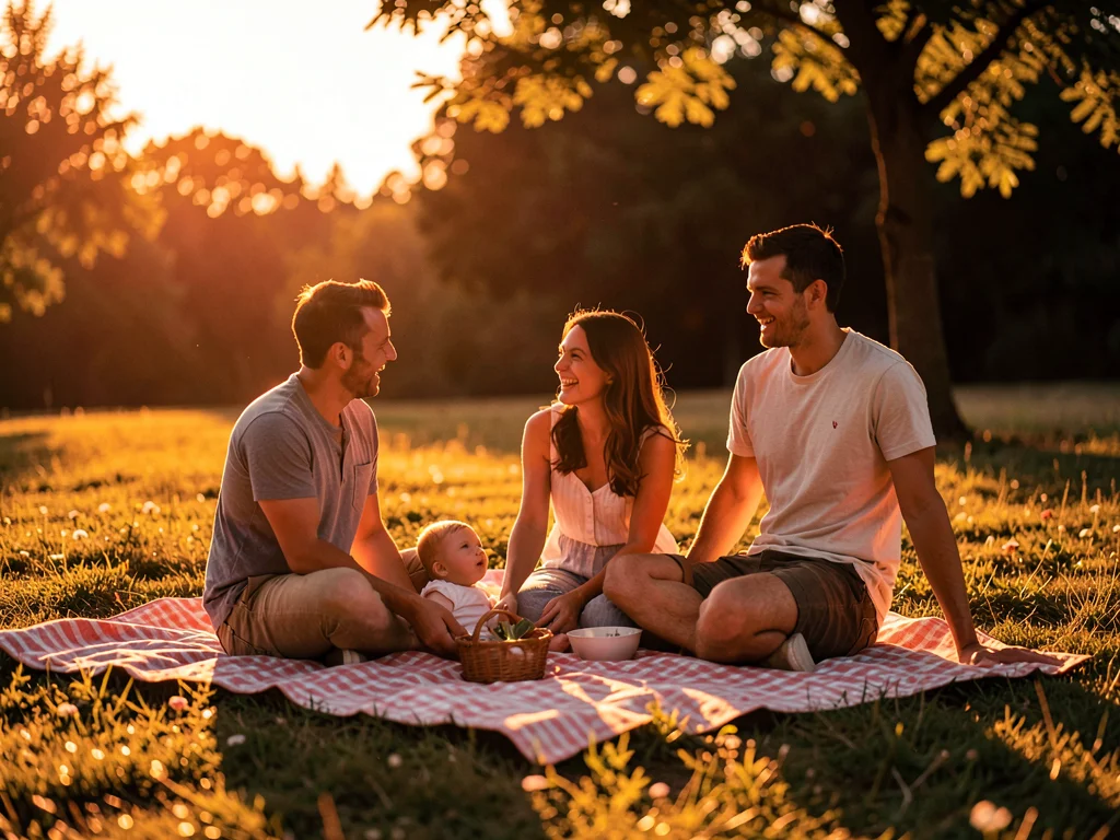 Family picnic in late afternoon light