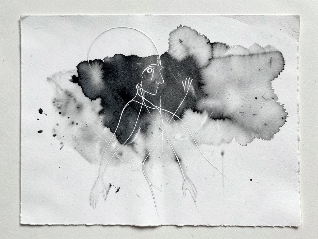 Monoprint trace drawing ghost, white lines where stylus removed ink from plate, 