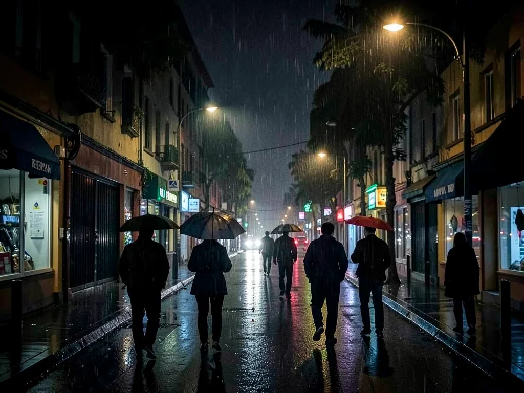 Rainy night street with umbrella silhouettes